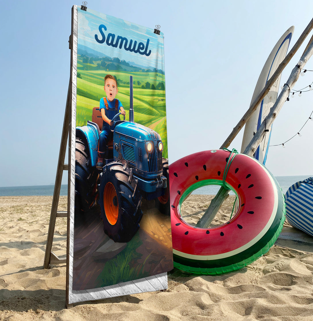 Boy on Tractor Beach Photo Towel, Kids Farm Print Swimming Towel - Custamazegifts.com 