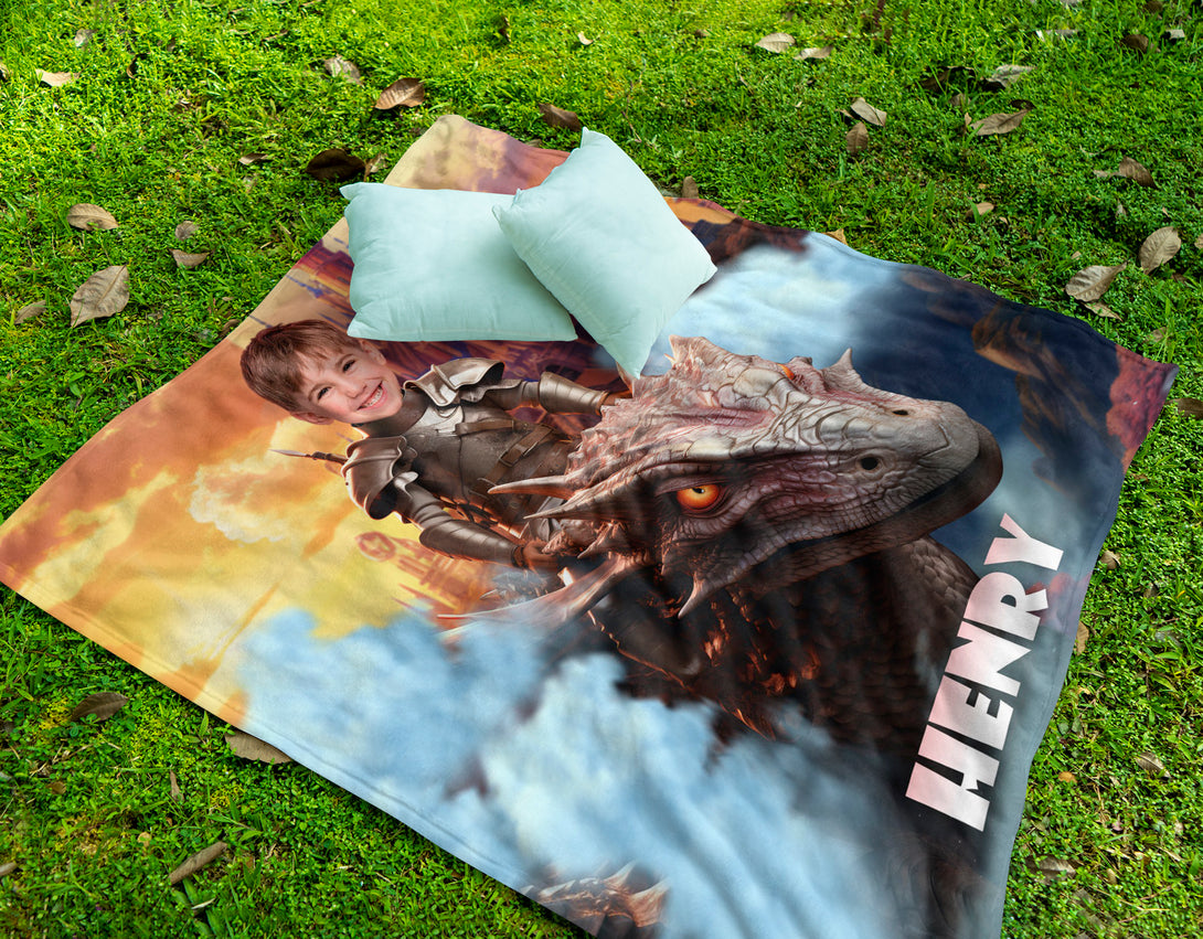 Boy Knight on the Dragon Personalized Blanket with Your Face - Custamazegifts.com 