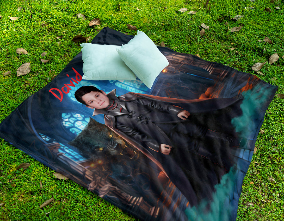 Boy Halloween Gift Personalized Photo Blanket, Custom Dracula Vampire Blanket - Custamazegifts.com 