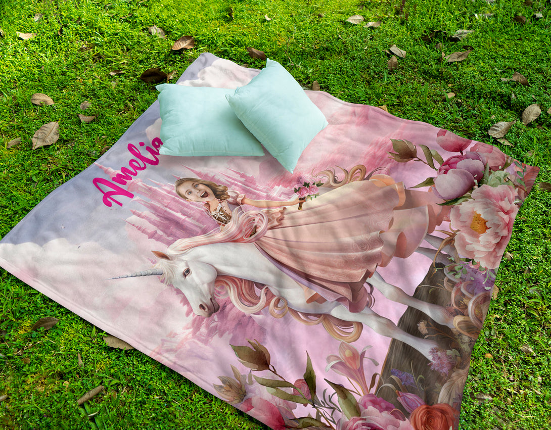 Custom Unicorn Princess Photo Blanket For Girls, Personalized Name Blanket - Custamazegifts.com 