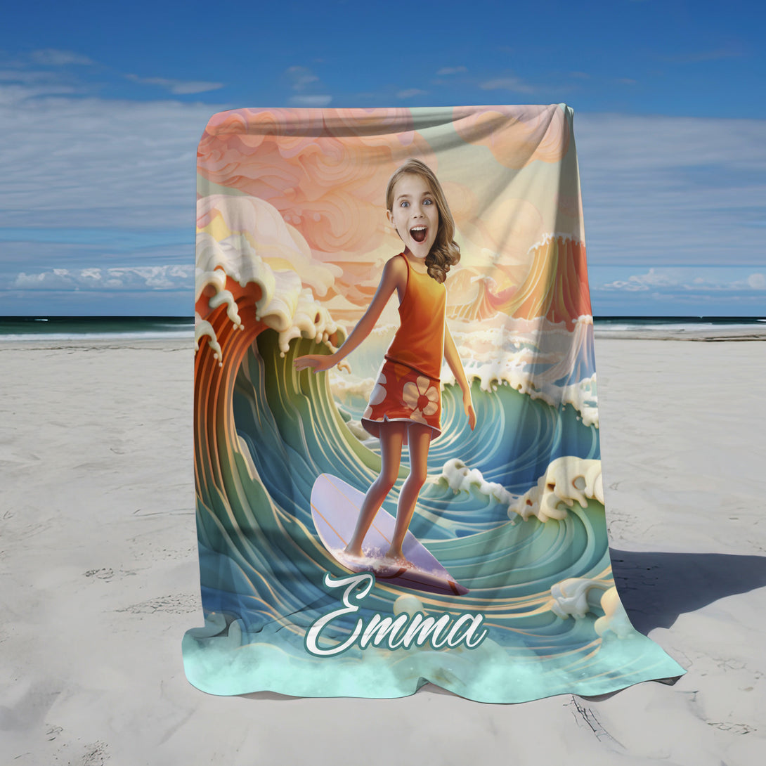 Surfing Girl Personalized Blanket from Photo, Surf Themed Birthday Gifts for Her - Custamazegifts.com 