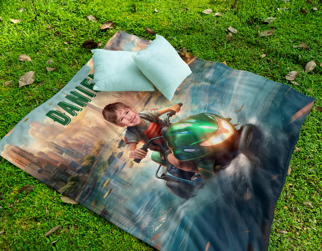 Personalized Boys Room Blanket, Custom Boy on Jet Ski Picture Blanket - Custamazegifts.com 