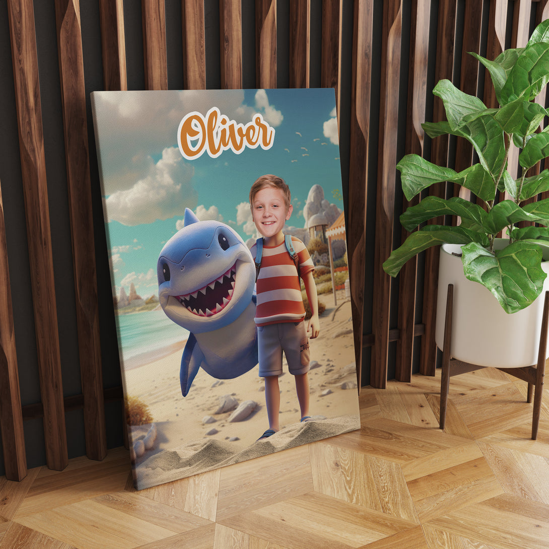 Kids Shark and Boy Photo Canvas Print, Boys Personalized Wall Art Gift - Custamazegifts.com 