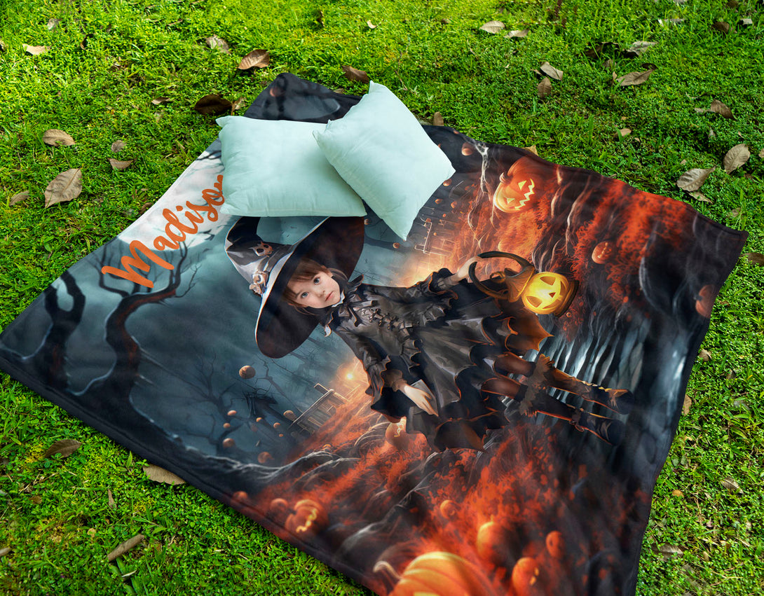 Personalized Witch Photo Blanket, Wednesday Addams Halloween Gifts - Custamazegifts.com 