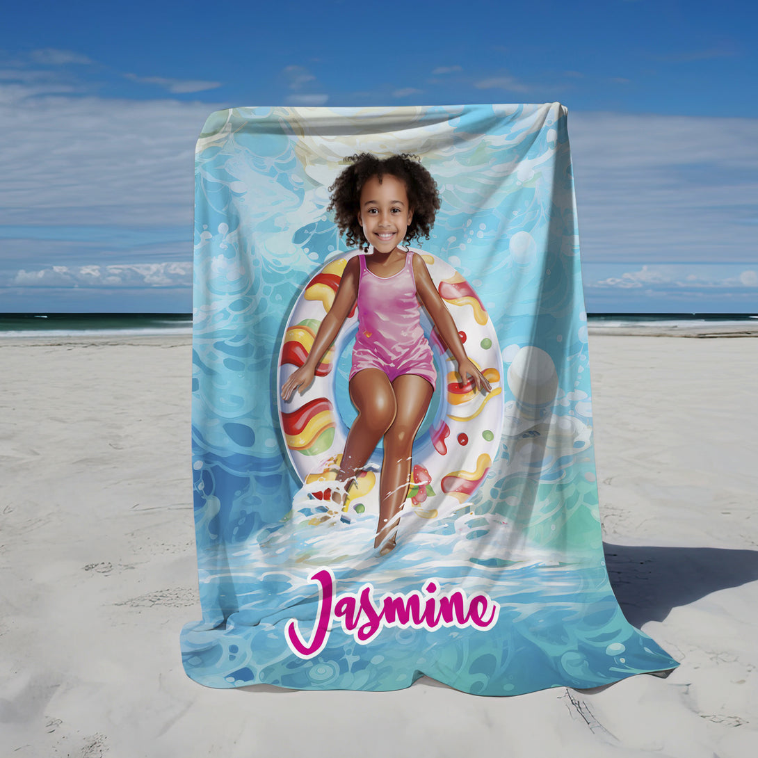 Customized Pool Float and Girl Photo Blanket, Personalized Picnic Kids Blankets - Custamazegifts.com 