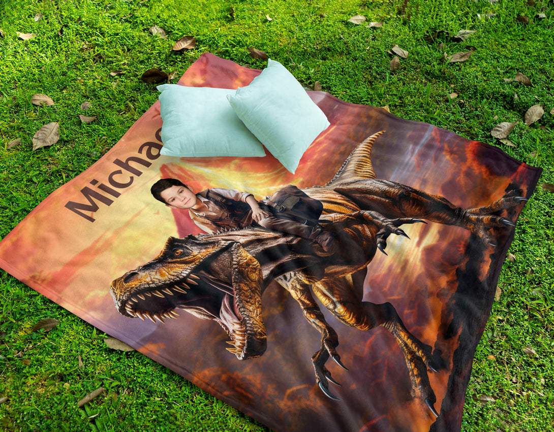 Blanket Child Riding T-Rex Dinosaur, Boys Room Picnic Jurassic Blanket - Custamazegifts.com 