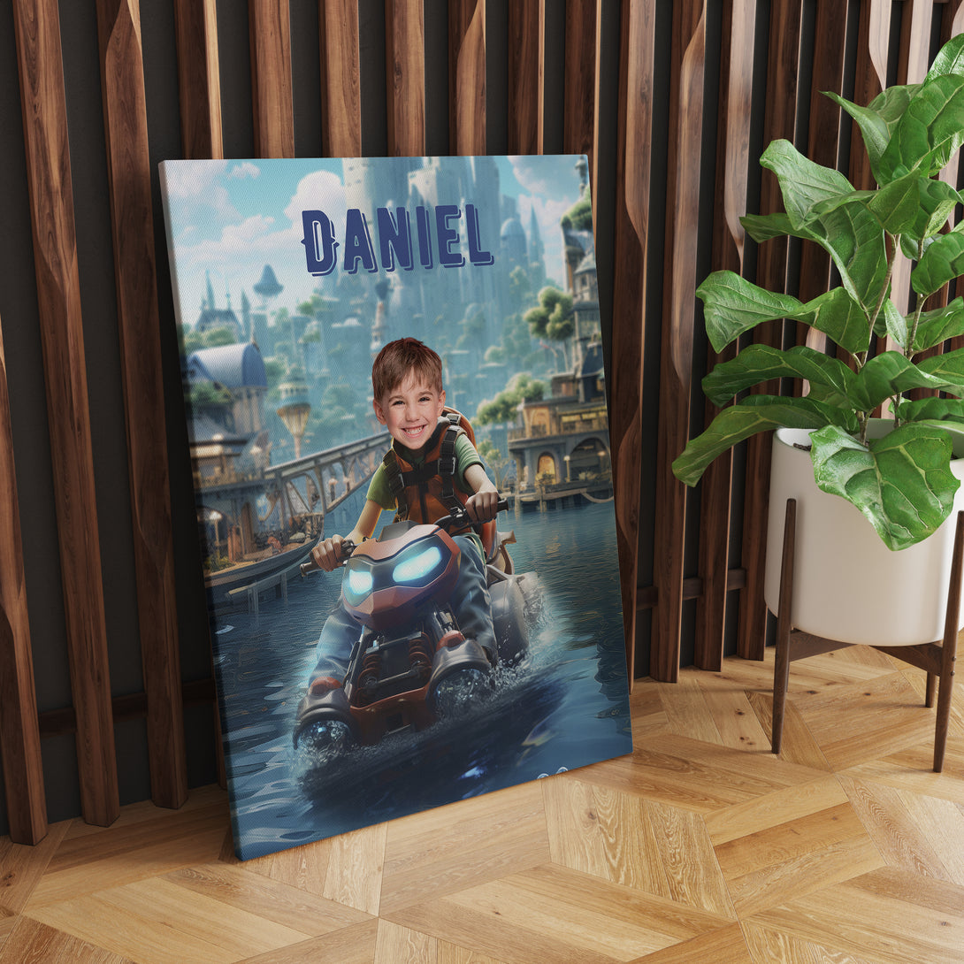 Personalized Canvas Jet Skiing Boys Gifts, Custom Kids Face Name Portrait - Custamazegifts.com 