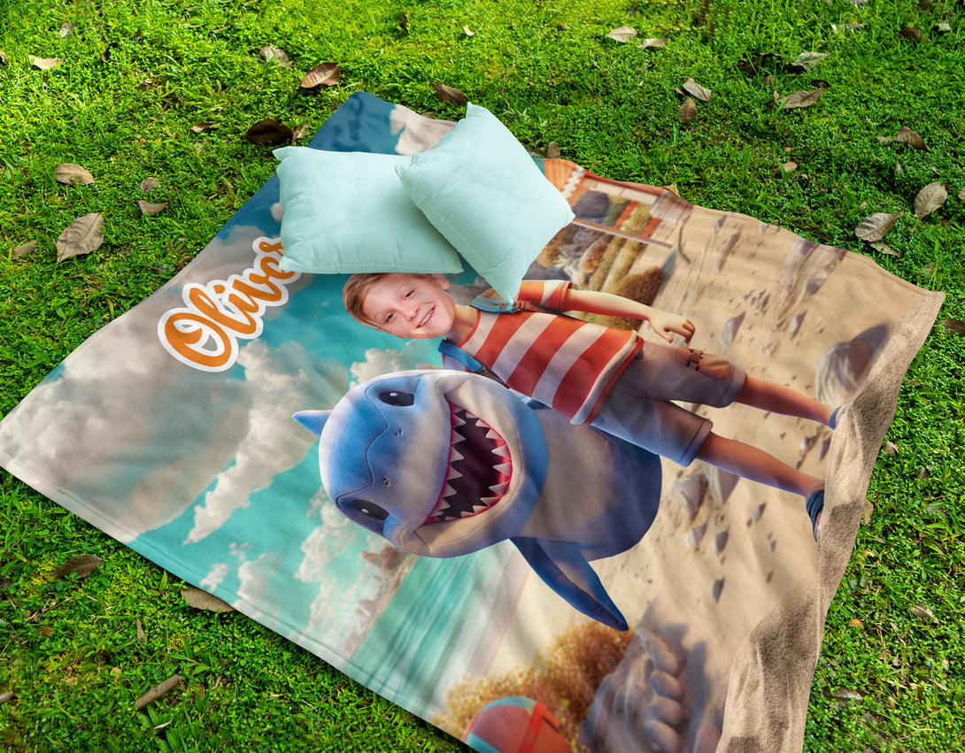 Personalized Shark and Boy Photo Face Blanket - Custamazegifts.com 