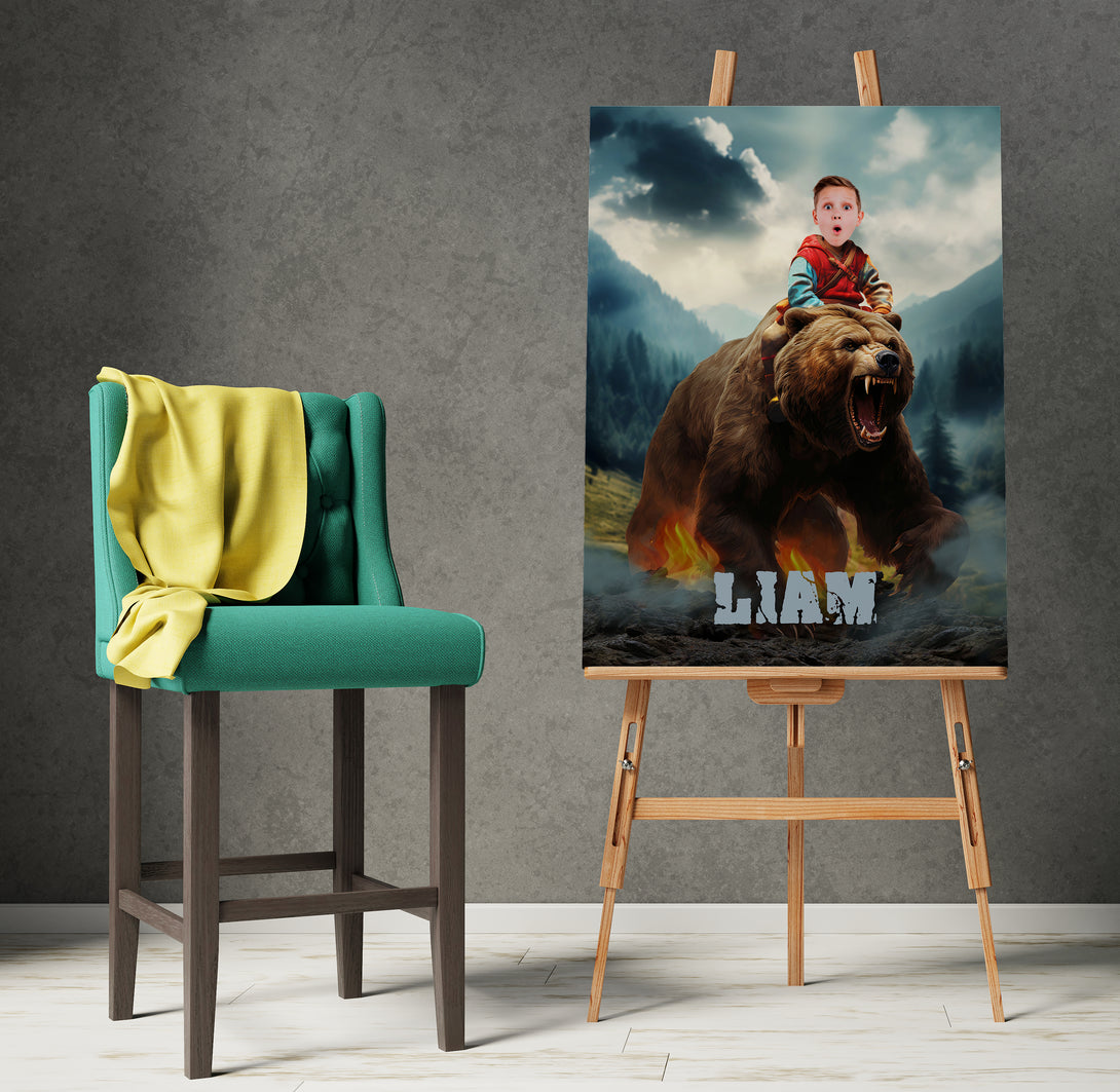 Personalized Canvas Bear and Kid, Woodland Boys Photoshop Portrait - Custamazegifts.com 