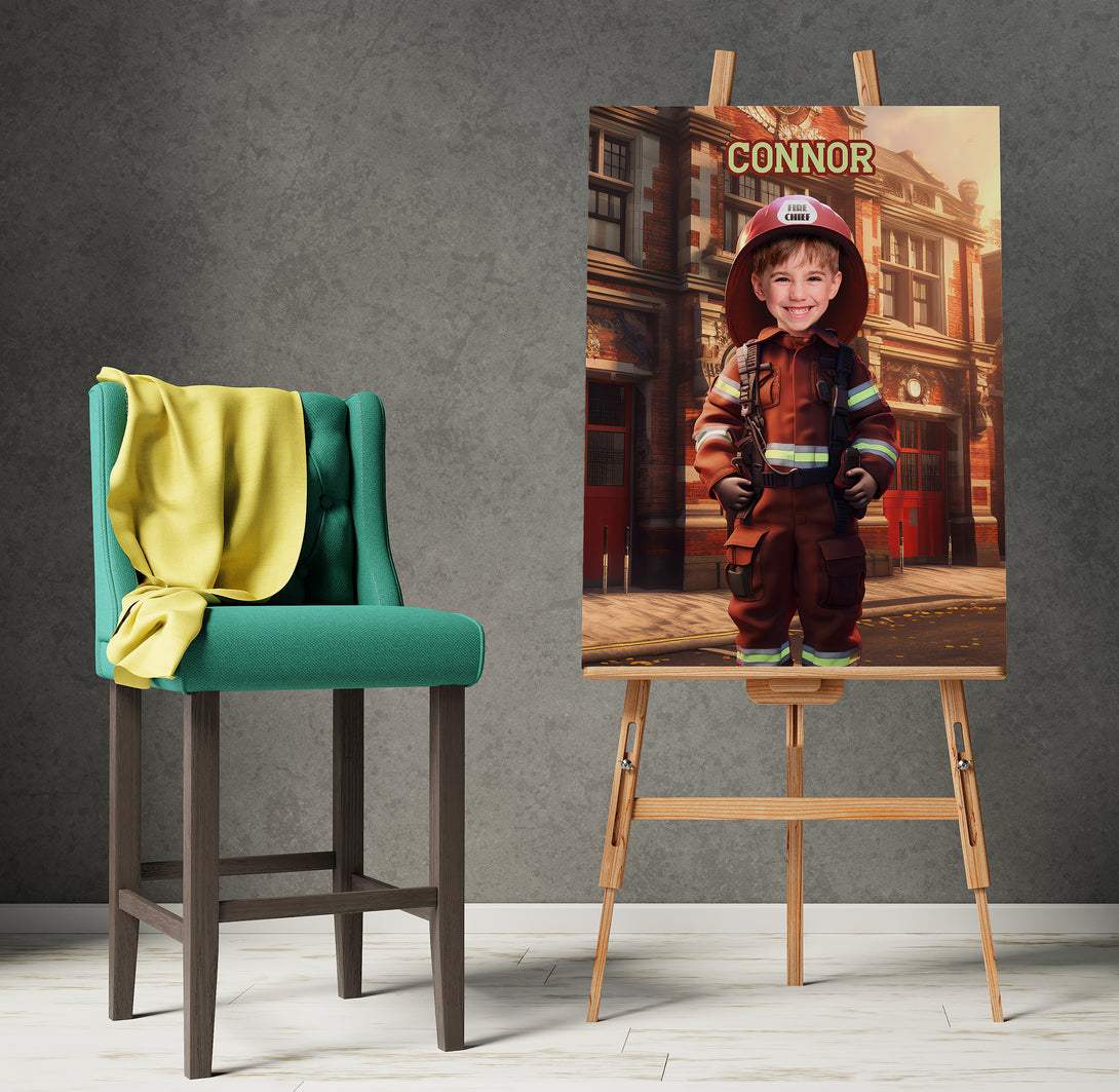 Custom Firefighter boy Photo Canvas, Personalized Child Portrait - Custamazegifts.com 