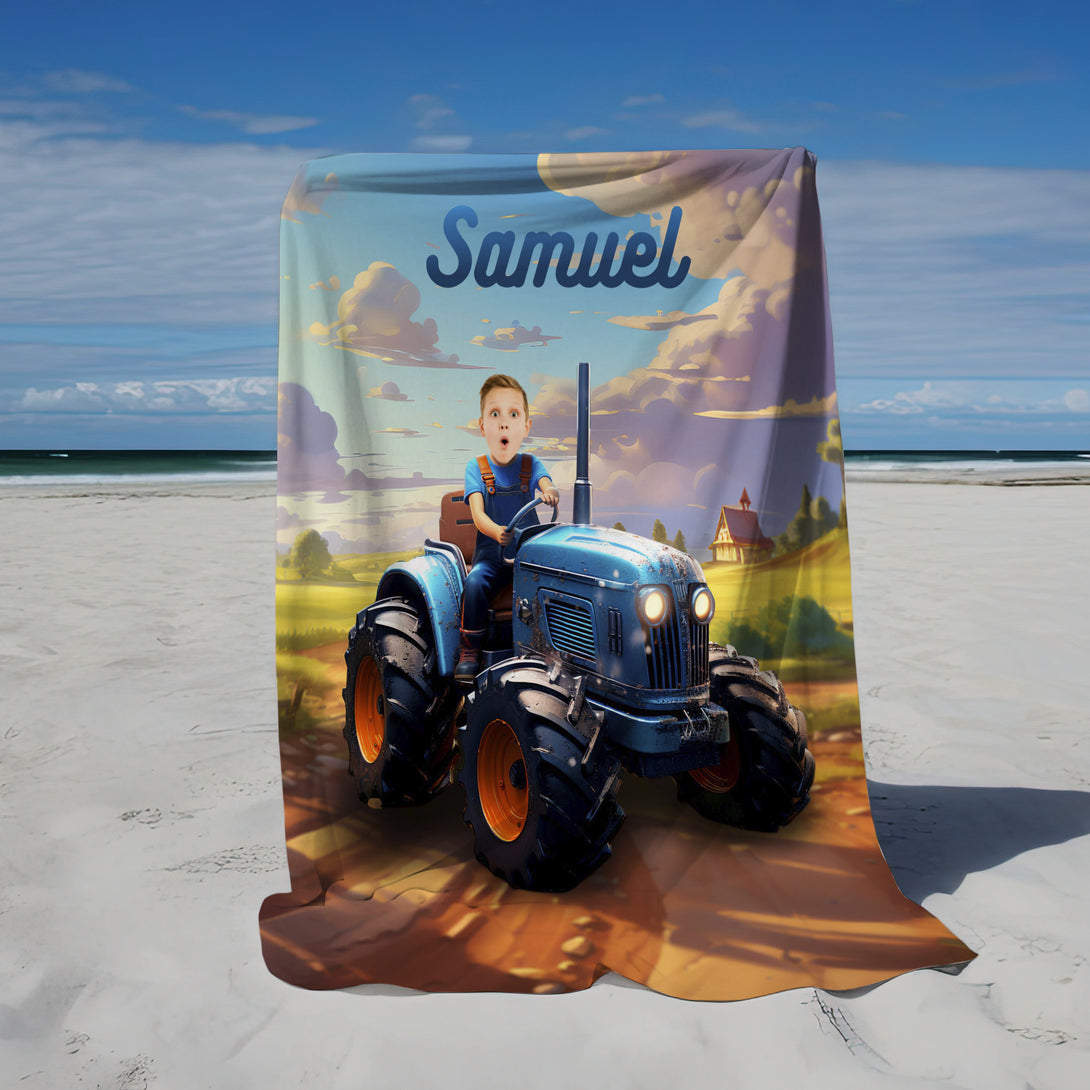 Custom Little Farmer Kids Name Blanket, Boy on Tractor Gift - Custamazegifts.com 