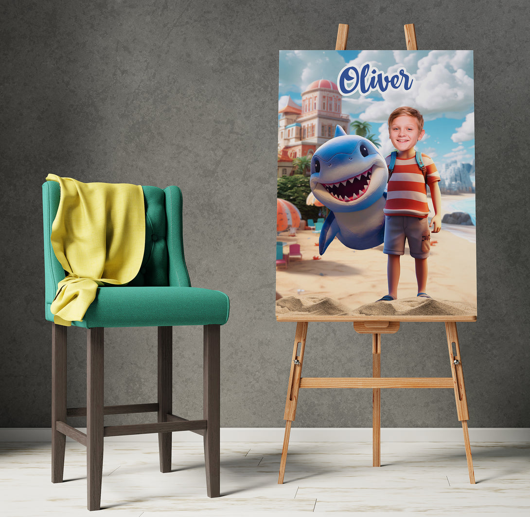 Kids Shark and Boy Photo Canvas Print, Boys Personalized Wall Art Gift - Custamazegifts.com 