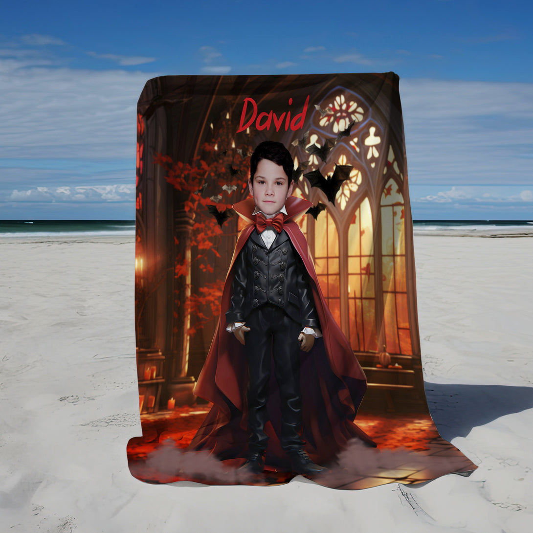 Boy Halloween Gift Personalized Photo Blanket, Custom Dracula Vampire Blanket - Custamazegifts.com 