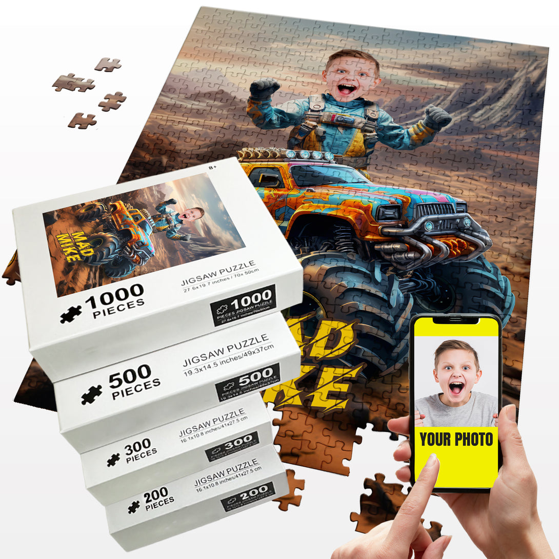 Boys Face Photo Puzzle, Monster Truck Unique Memory Gift - Custamazegifts.com 