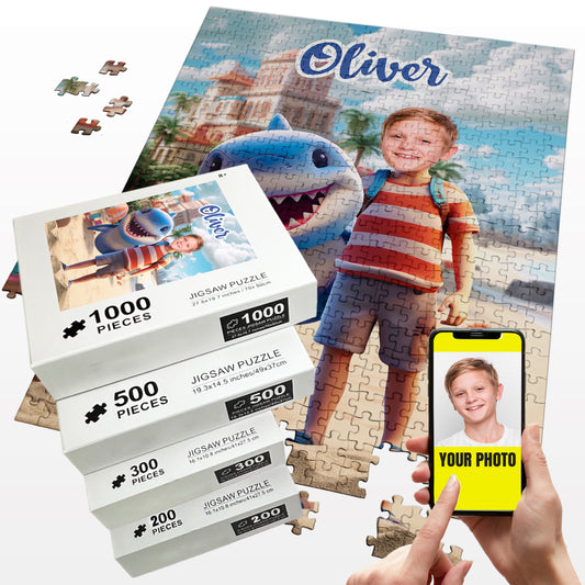 Shark and Boy Photo Puzzle, Custom Face Jigsaw Puzzles for Kids - Custamazegifts.com 