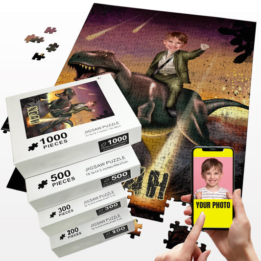 Child Riding a T Rex Photo Puzzles for Boys, Dinosaur Loving Kid Gift - Custamazegifts.com 