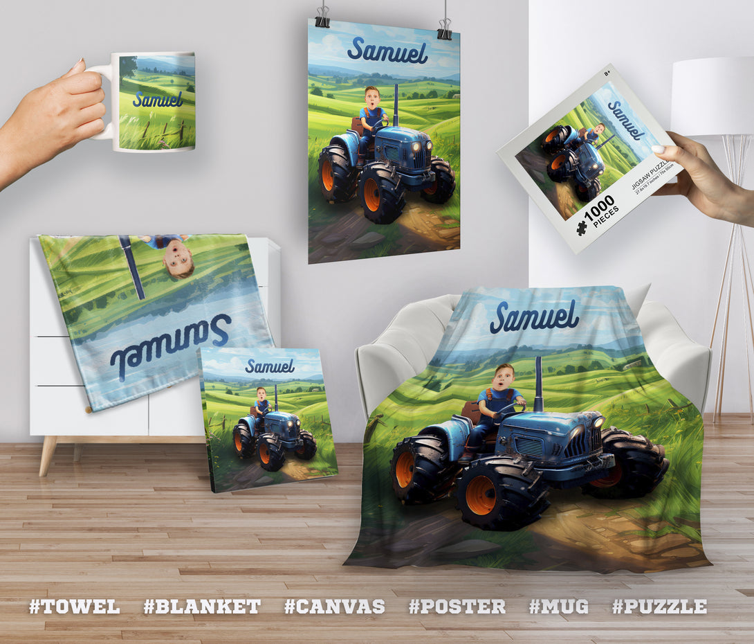 Custom Little Farmer Kids Name Blanket, Boy on Tractor Gift - Custamazegifts.com 