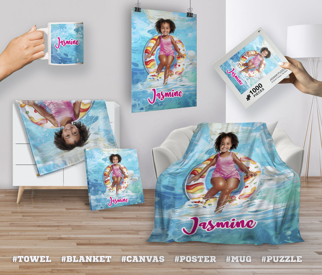 Customized Pool Float and Girl Photo Blanket, Personalized Picnic Kids Blankets - Custamazegifts.com 