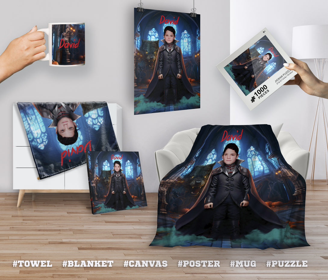 Custom Halloween Count Dracula Photo Boys Beach Towel, Your Face Horror Gift - Custamazegifts.com 