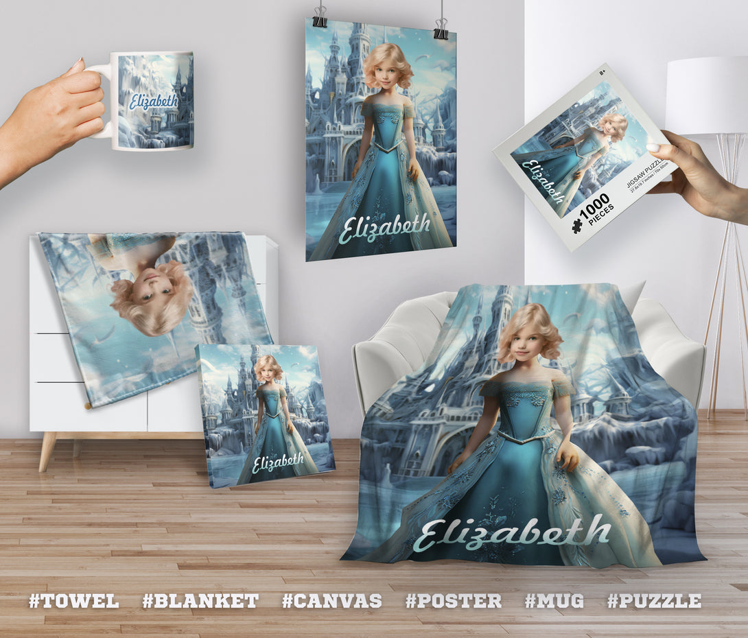 Personalized Kids Photo Towel Frozen, Princess Elsa Name Gift - Custamazegifts.com 