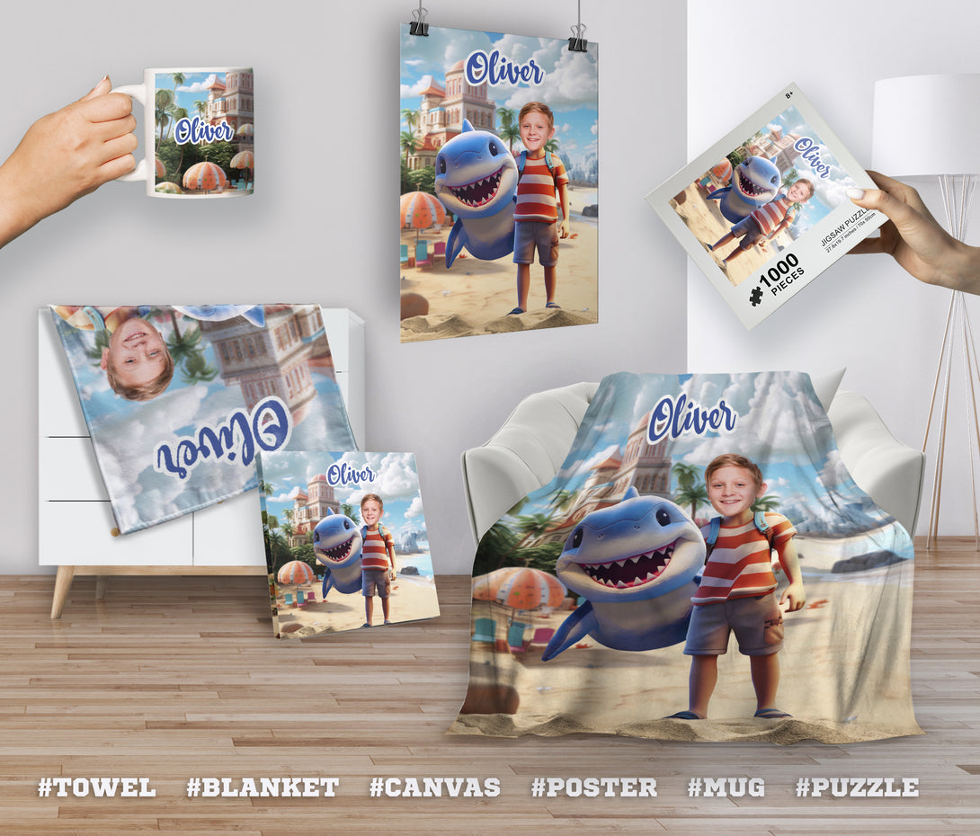 Shark and Boy Photo Puzzle, Custom Face Jigsaw Puzzles for Kids - Custamazegifts.com 