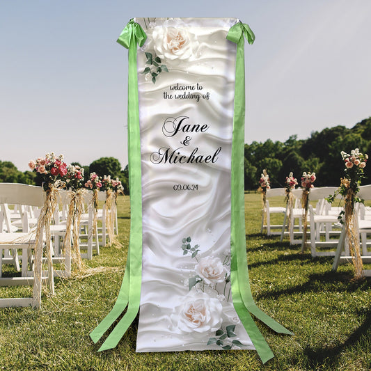 White Roses Fabric Welcome Sign Wedding Party Decor - Custamazegifts.com 