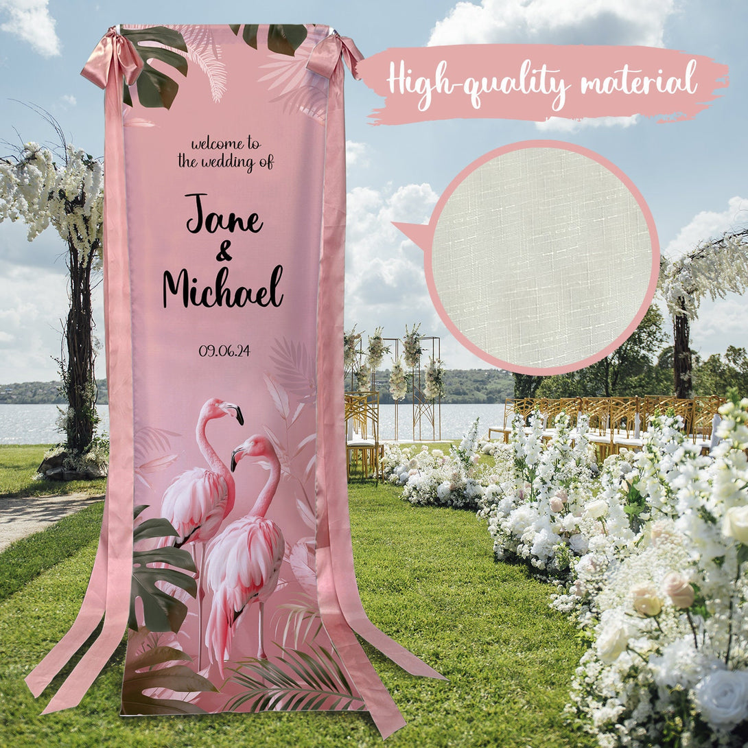 Pink Flamingo Cloth Wedding Welcome Sign with Ribbons - Custamazegifts.com 