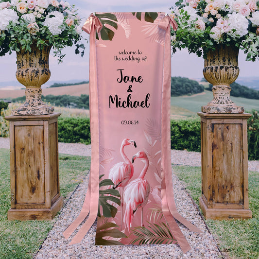 Pink Flamingo Cloth Wedding Welcome Sign with Ribbons - Custamazegifts.com 