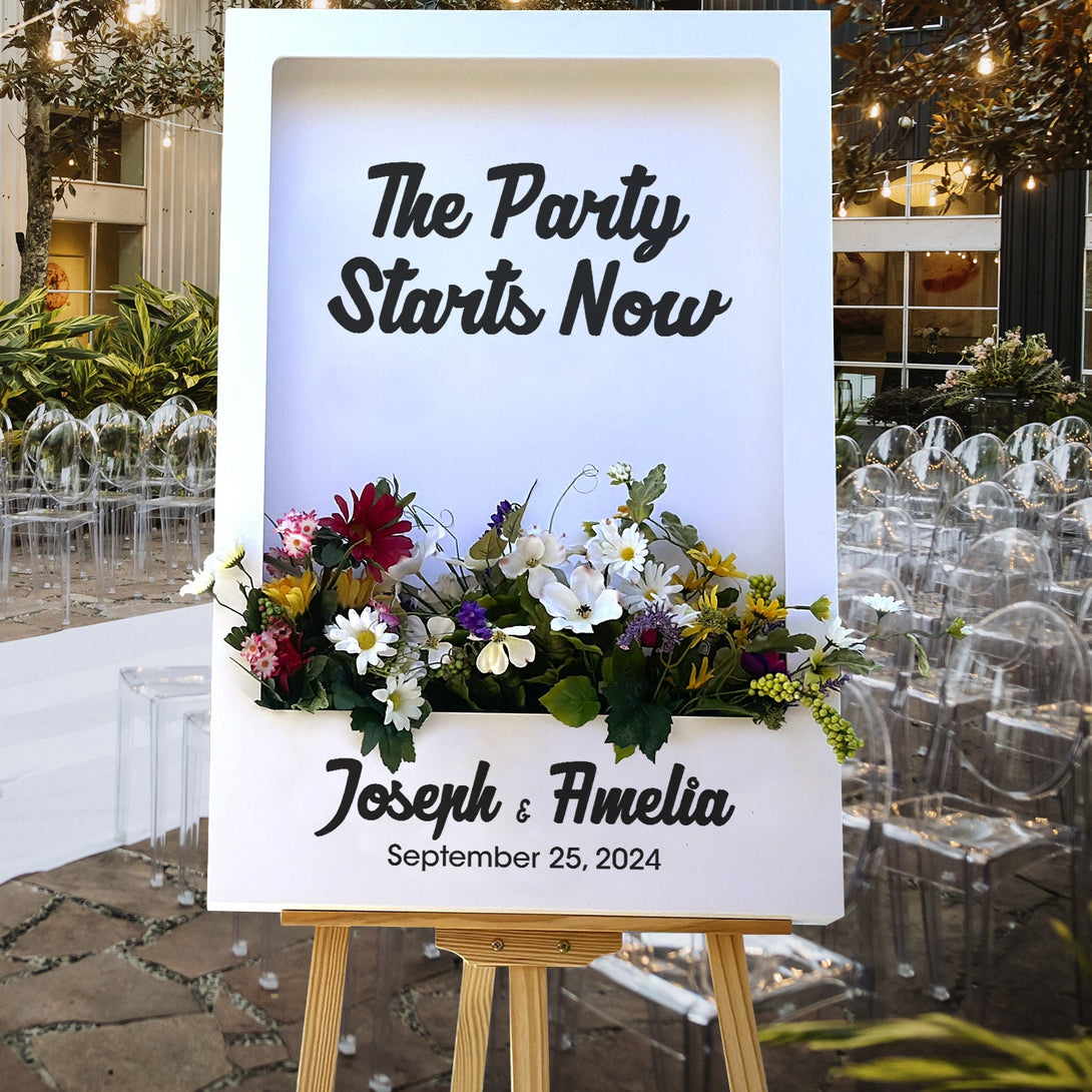 The Party Starts Now Flower Box Wedding Welcome Sign - Custamazegifts.com 