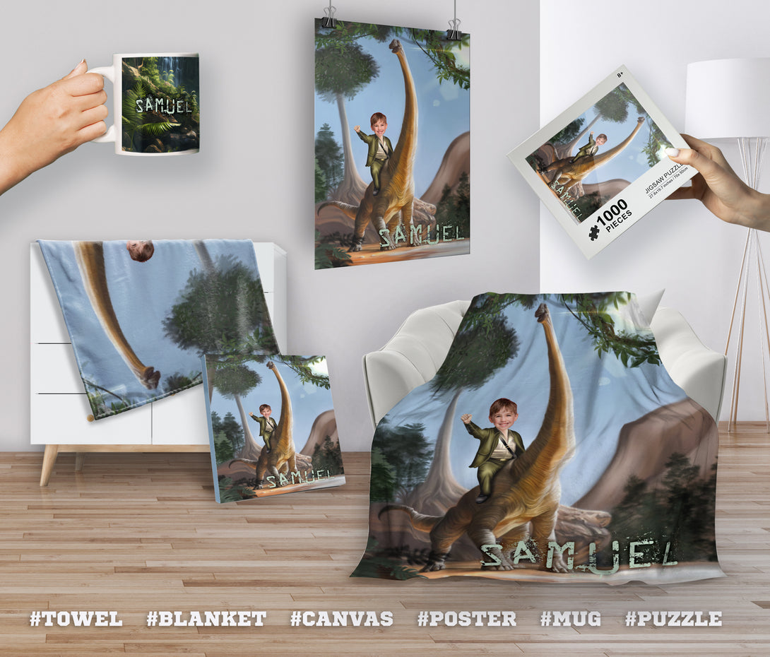 Boy Riding a Dinosaur Photo Puzzles - Custamazegifts.com 