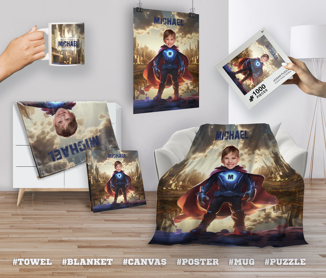 Custom Super Hero Boy Photo Towel, Superhero Kids Bath Towel - Custamazegifts.com 