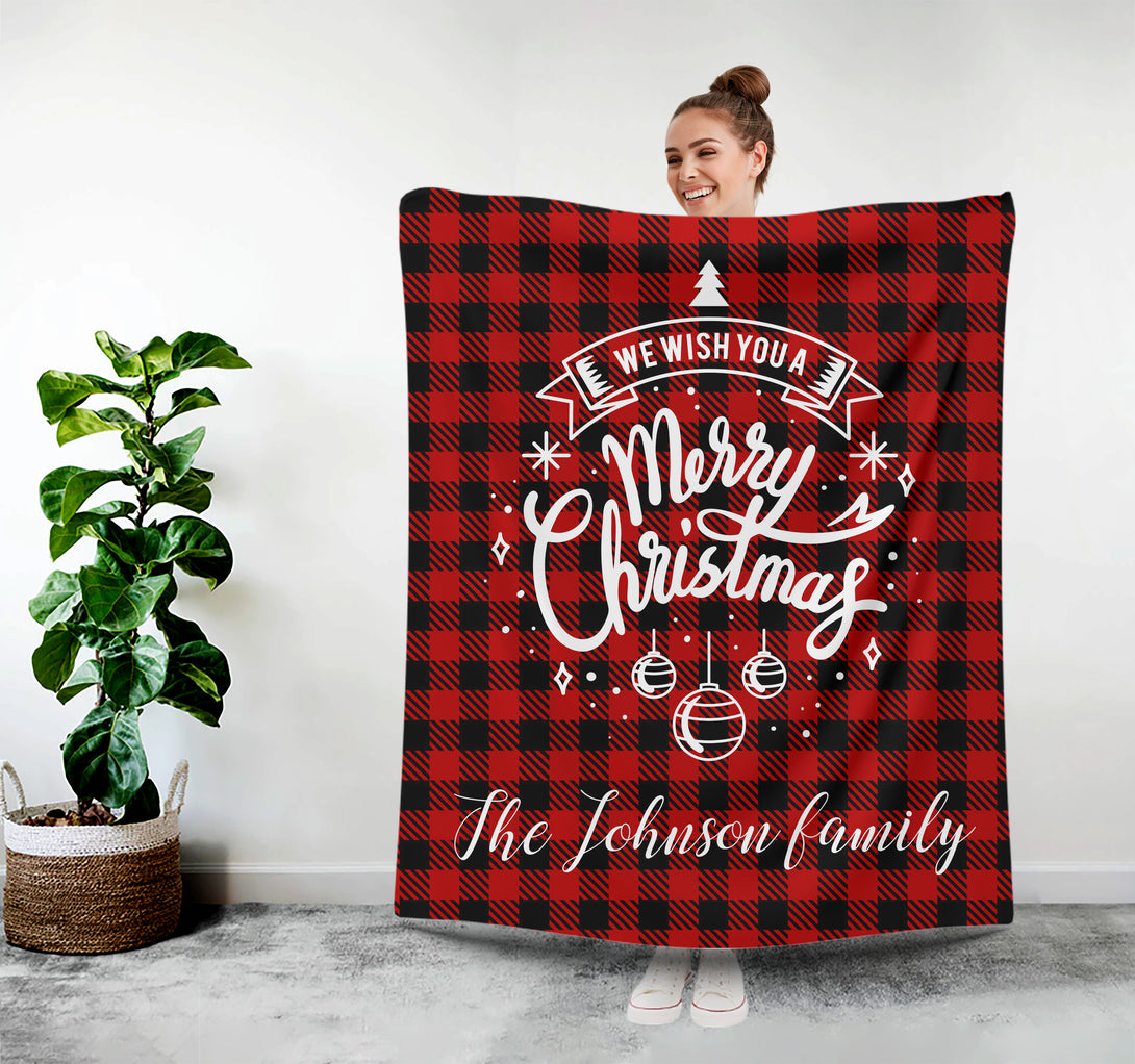 Merry Christmas Custom Plaid Blanket with Family Name, Christmas Gifts for Him Her - Custamazegifts.com 