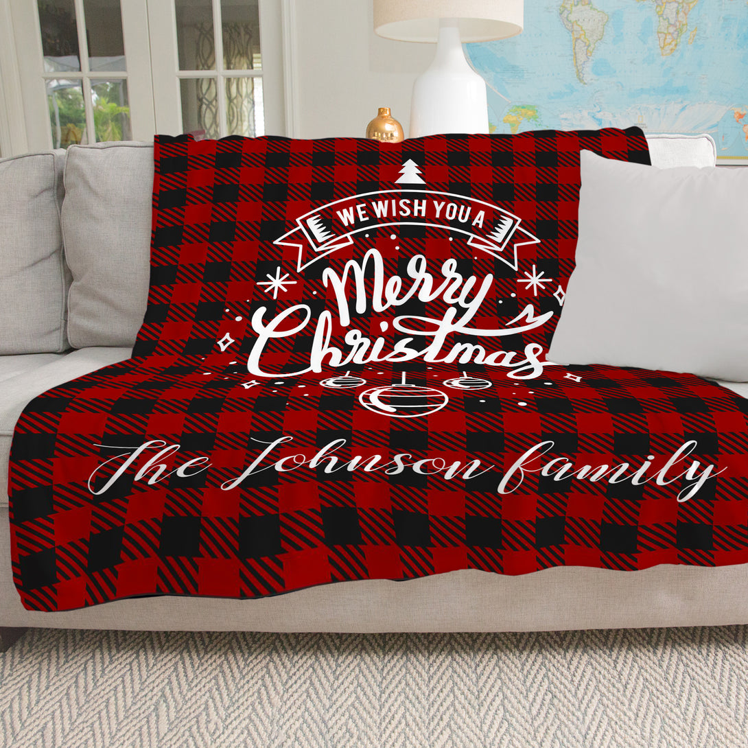 Merry Christmas Custom Plaid Blanket with Family Name, Christmas Gifts for Him Her - Custamazegifts.com 