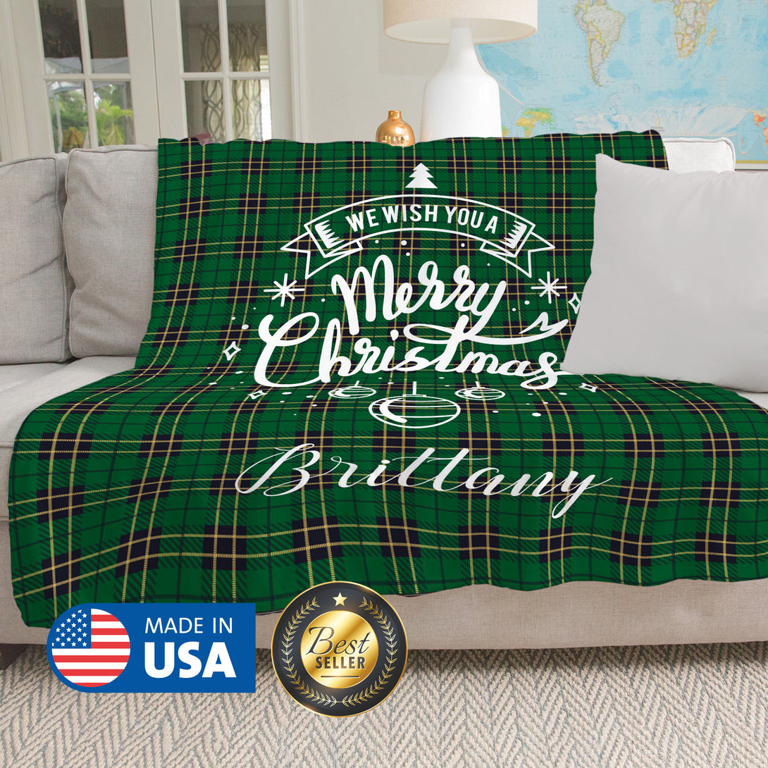 Merry Christmas Custom Plaid Blanket with Family Name, Christmas Gifts for Him Her - Custamazegifts.com 