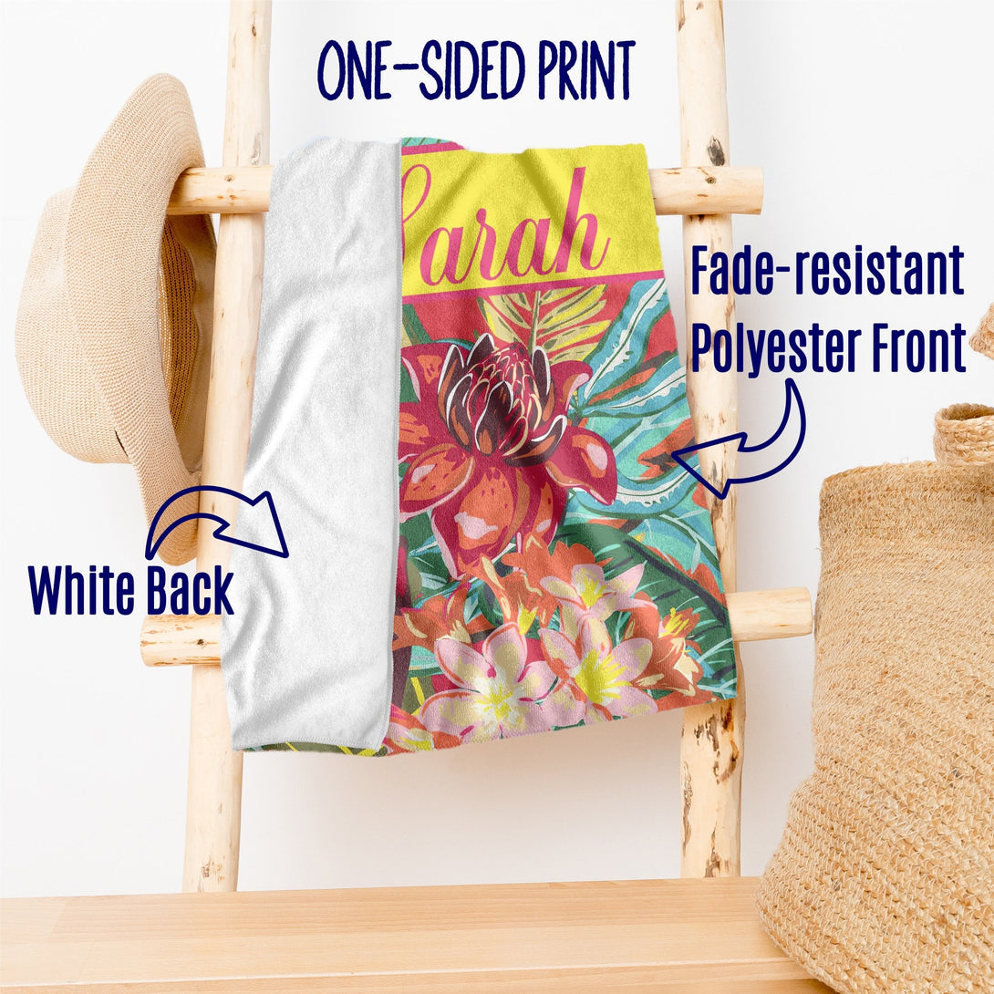 Tropical Floral Print Custom Beach Towel, Birthday Vacation Gifts for Her T61 - Custamazegifts.com 