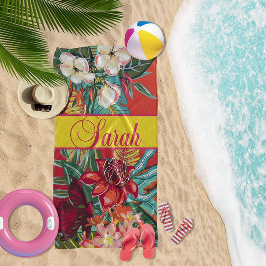 Tropical Floral Print Custom Beach Towel, Birthday Vacation Gifts for Her T61 - Custamazegifts.com 