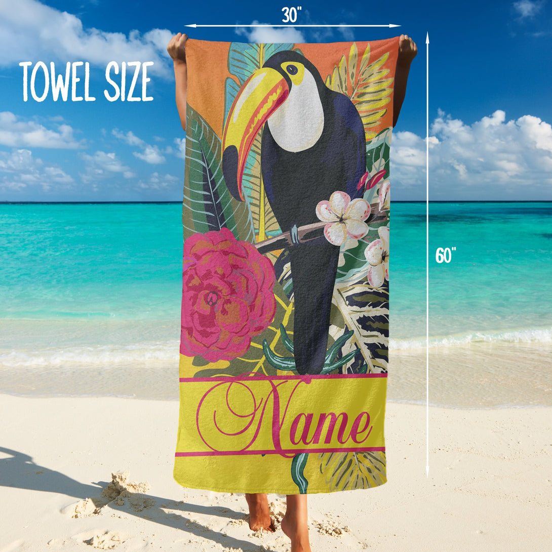 Tropical Floral Print Custom Beach Towel, Birthday Vacation Gifts for Her T61 - Custamazegifts.com 