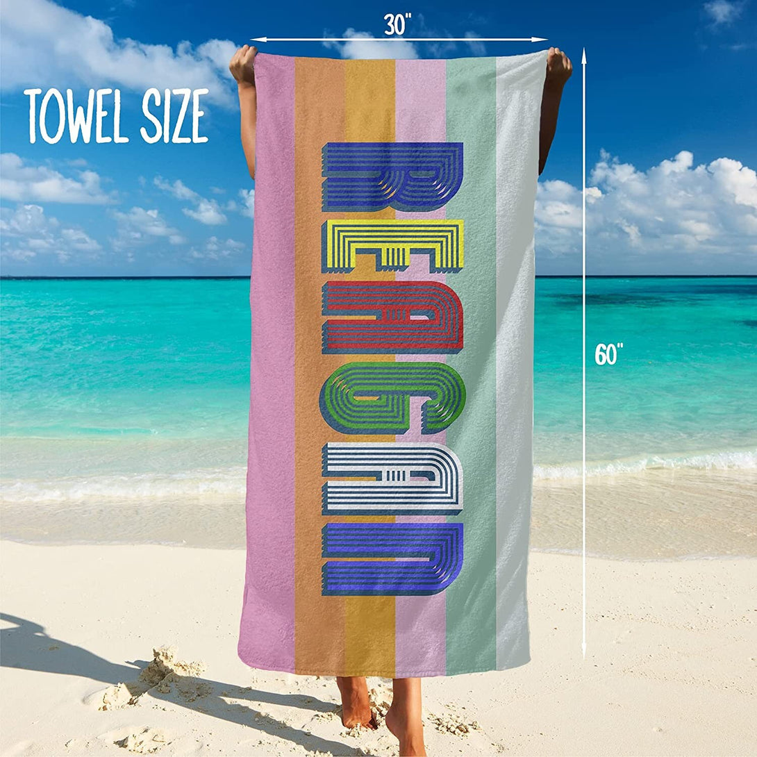 Bold Font Striped Rainbow Personalized Beach Towel with Name, Custom Birthday Gift T52 - Custamazegifts.com 