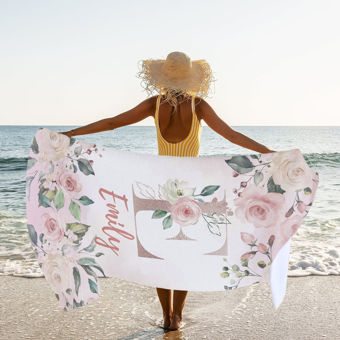 Monogrammed Beach Towel with Roses, Floral Print Custom Name Towel for Her T64 - Custamazegifts.com 