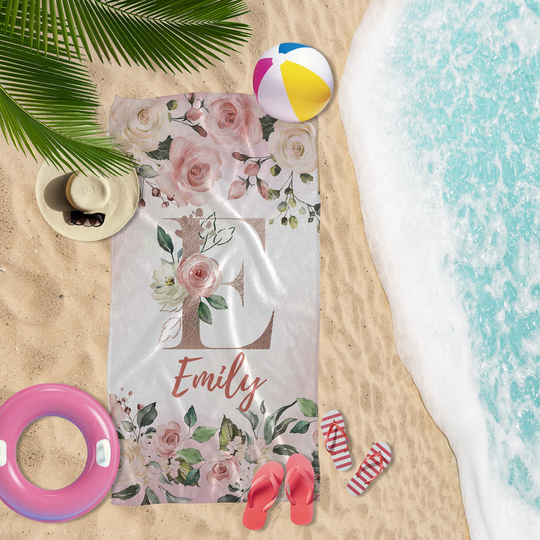 Monogrammed Beach Towel with Roses, Floral Print Custom Name Towel for Her T64 - Custamazegifts.com 