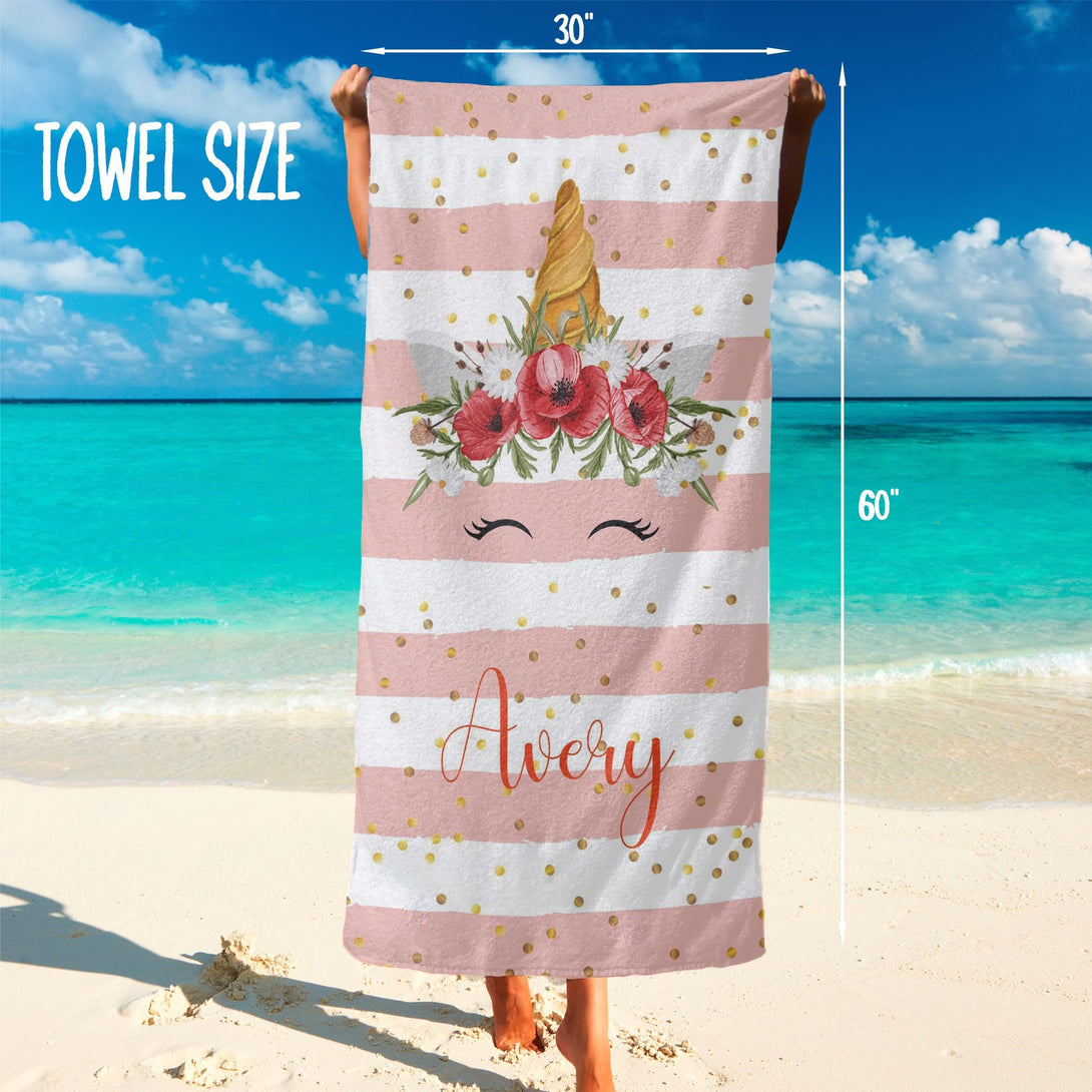 Custom Beach Towels, Personalized Beach Towel with Your Name with Unicorn - Custamazegifts.com 