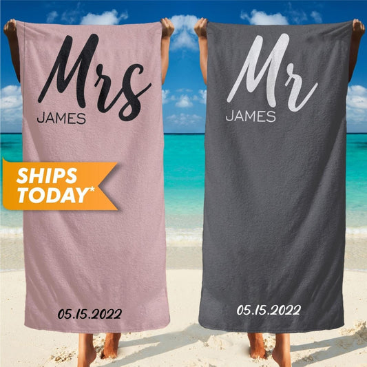 Custom Beach Towel, Mr and Mrs Personalized Beach Towel - His and Hers Towels - Custamazegifts.com 