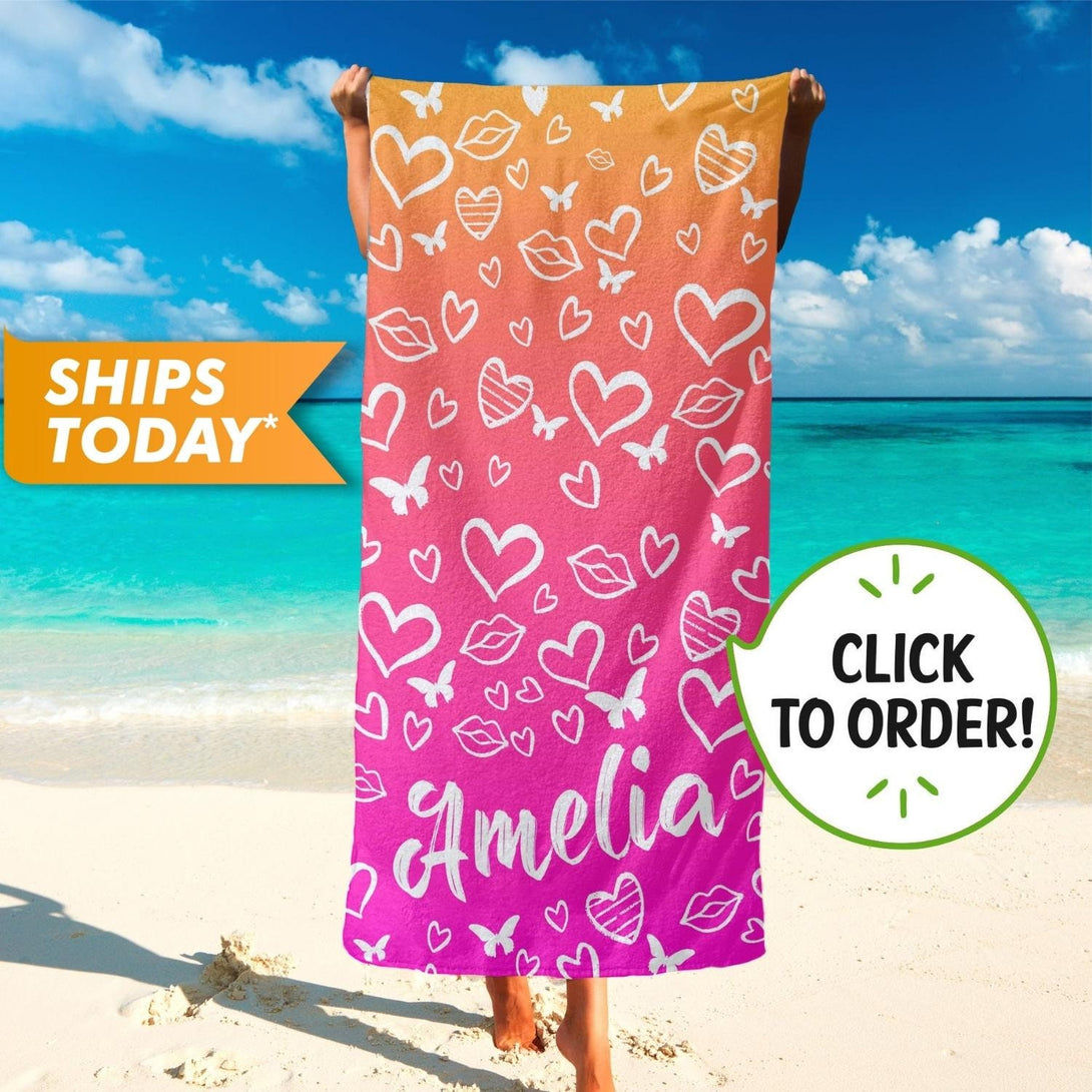 Custom Beach Towel, Monogrammed Towels with Heart and Butterfly Print - Custamazegifts.com 