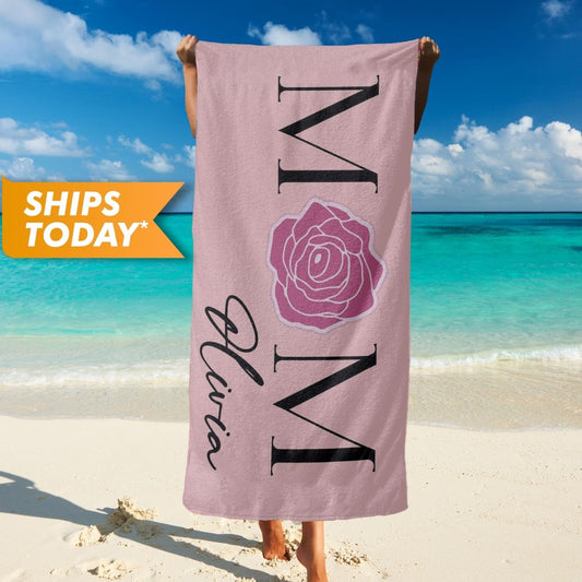 Rose Mom Beach Towel with Name, Custom Mother's Day Gifts for Mom Grandma T56 - Custamazegifts.com 