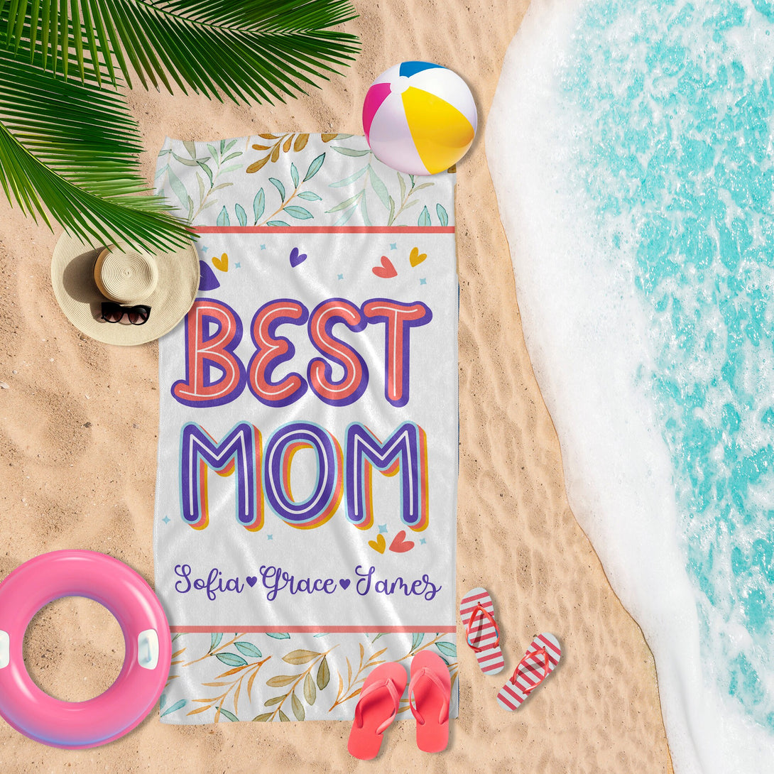 Best Mom Personalized Beach Towel with Kids Names, Custom Mother's Day Gifts T60 - Custamazegifts.com 