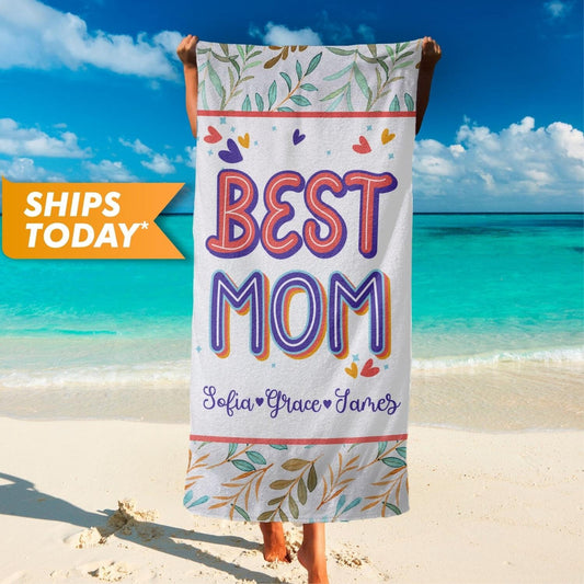 Best Mom Personalized Beach Towel with Kids Names, Custom Mother's Day Gifts T60 - Custamazegifts.com 