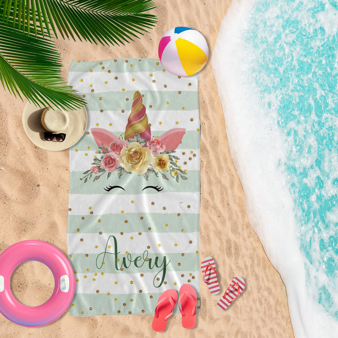 Custom Beach Towels, Personalized Beach Towel with Your Name with Unicorn - Custamazegifts.com 