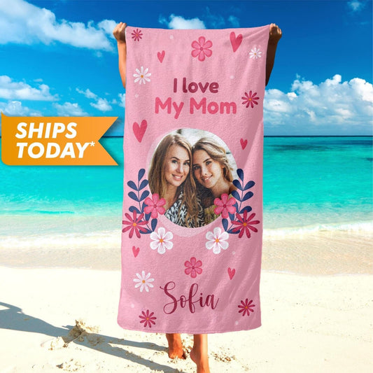 Mom Custom Photo Towel, Floral Beach Towel, Mother's Day Photo Gift T59 - Custamazegifts.com 