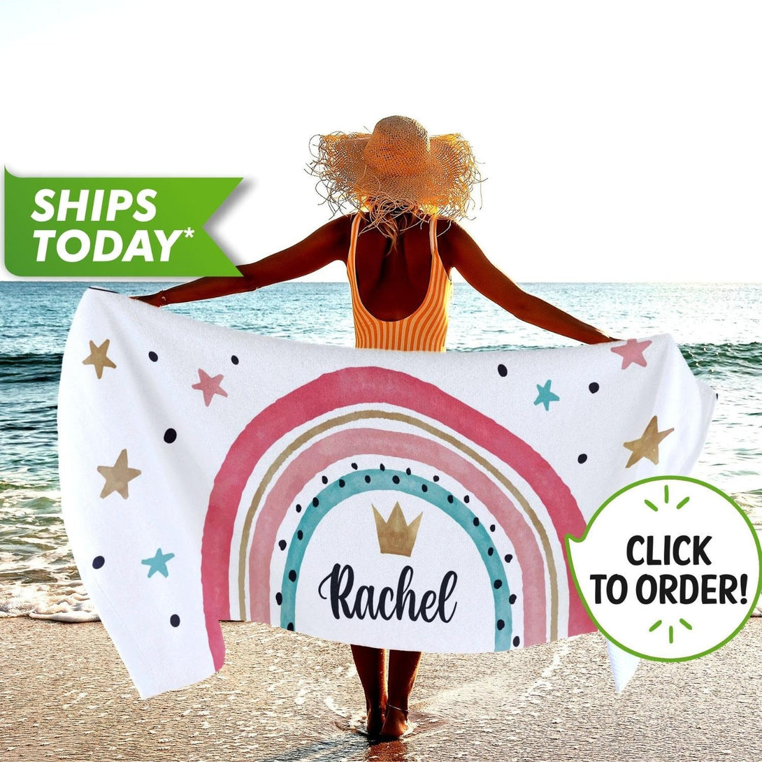 Custom Beach Towel, Personalized Cute Towel Rainbow Print - Custamazegifts.com 