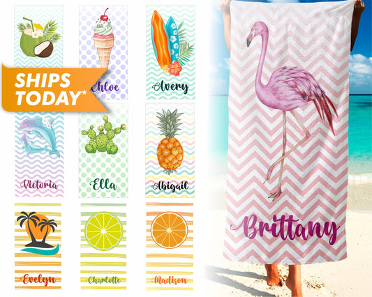 Custom Beach Towel, Personalized Beach Fruit Print Towel with Your Name - Custamazegifts.com 